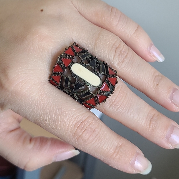 Vintage Ethnic Tribal Aztec Native Boho Geometric Costume Full Finger Ring - Picture 7 of 8